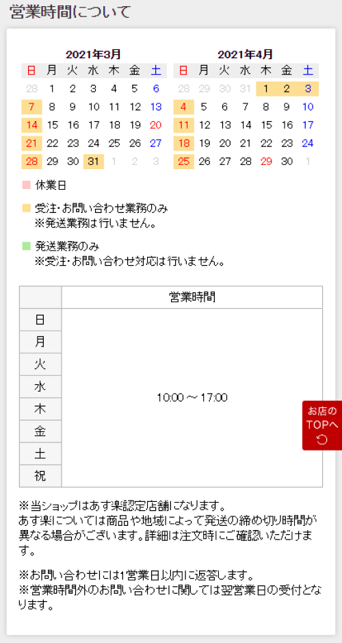 楽天市場 ショップの連絡先や休業日を知りたい