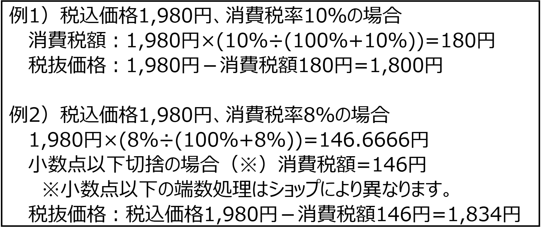 税抜商品価格=税込商品価格－消費税額