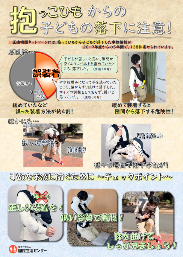 抱っこひもからの子どもの落下に注意！